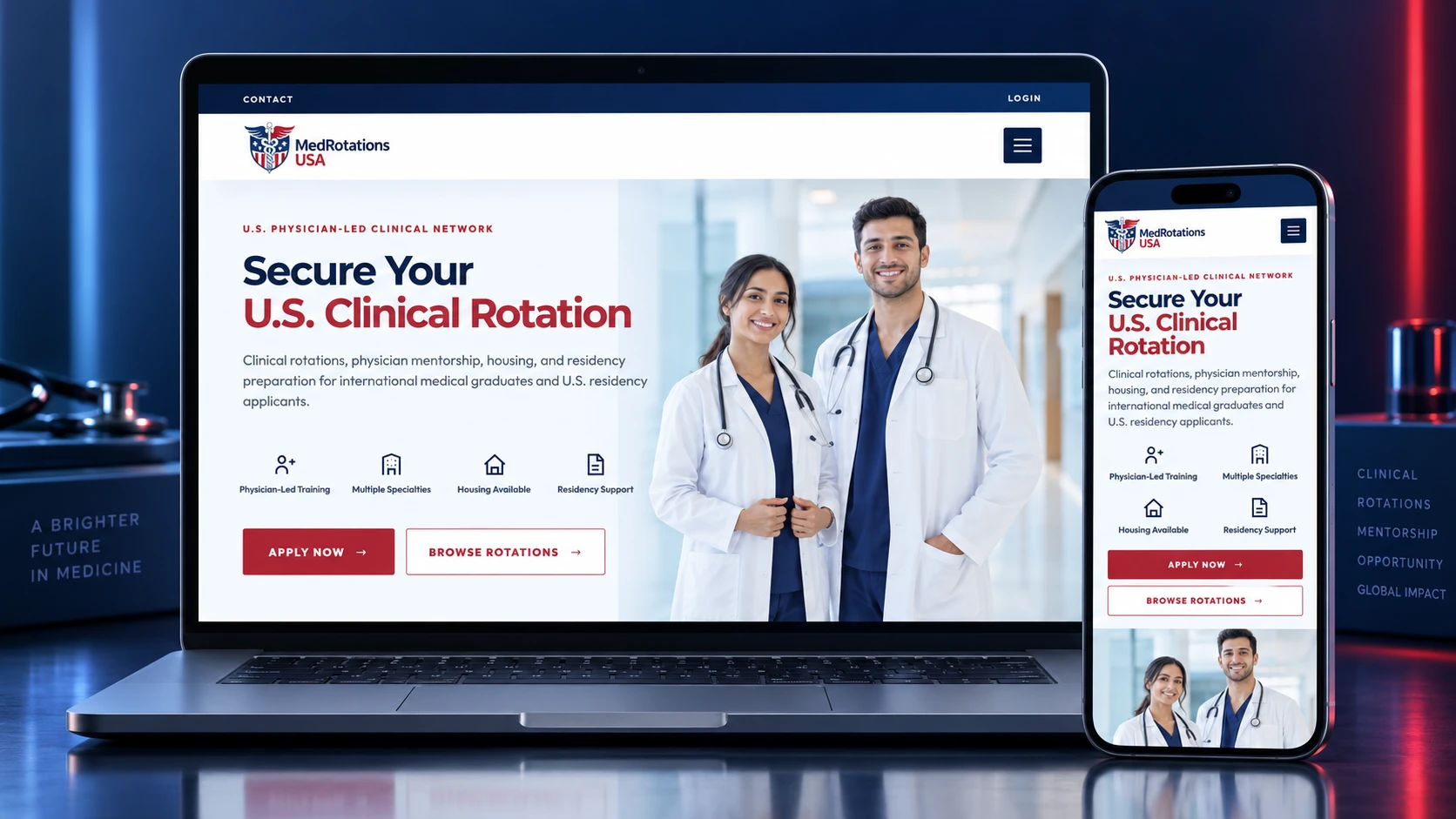 Med Rotations USA responsive website shown on desktop and mobile