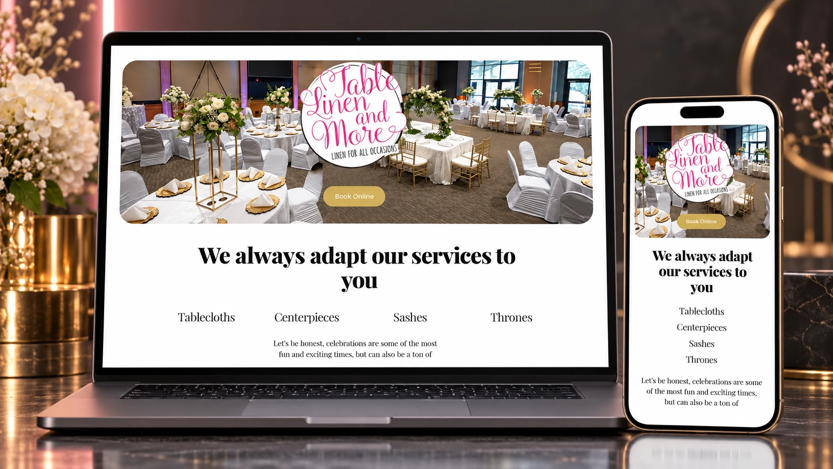 Table Linen and More responsive website shown on desktop and mobile